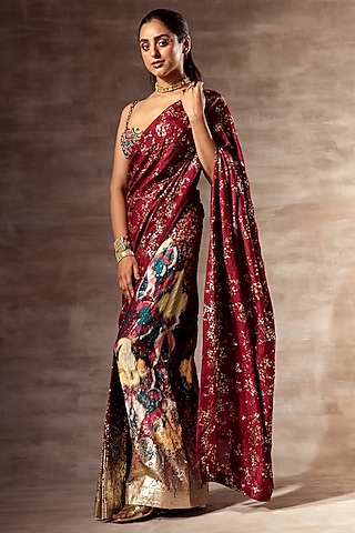 Maroon Printed Pre-Stitched Saree Set by RUHR INDIA