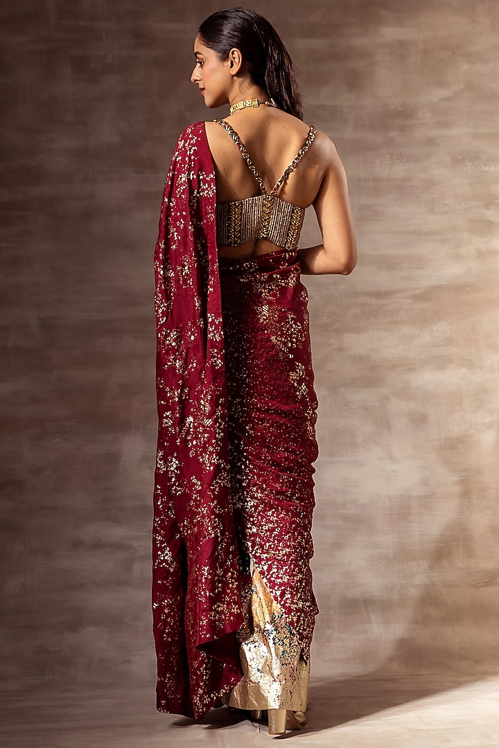 Maroon Printed Pre-Stitched Wedding Saree Set by RUHR INDIA at Pernia's Pop Up Shop