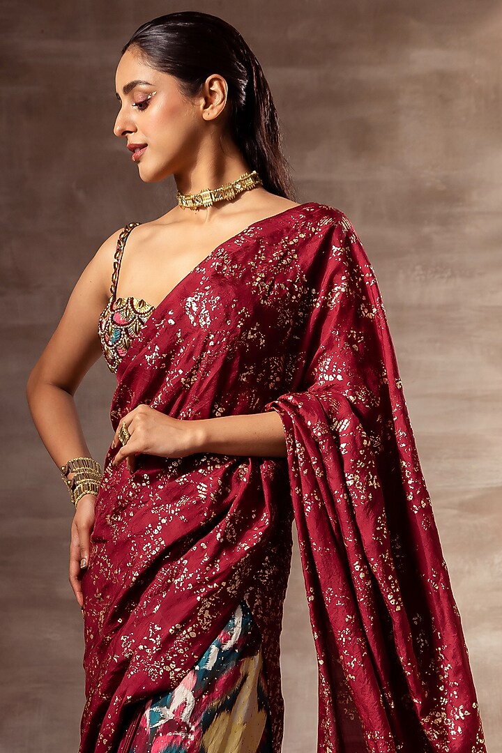 Maroon Printed Pre-Stitched Wedding Saree Set by RUHR INDIA at Pernia's Pop Up Shop