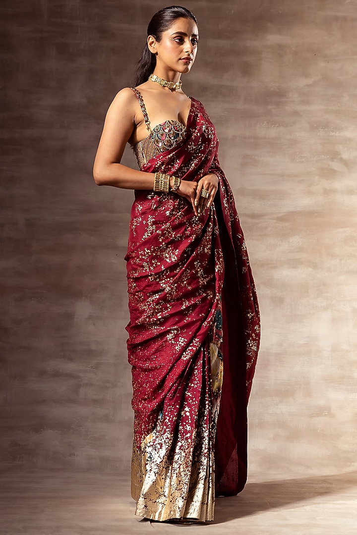 Maroon Printed Pre-Stitched Wedding Saree Set by RUHR INDIA at Pernia's Pop Up Shop