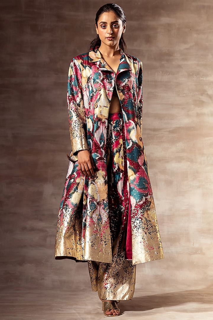 Multi-Colored Printed Trench Coat by RUHR INDIA