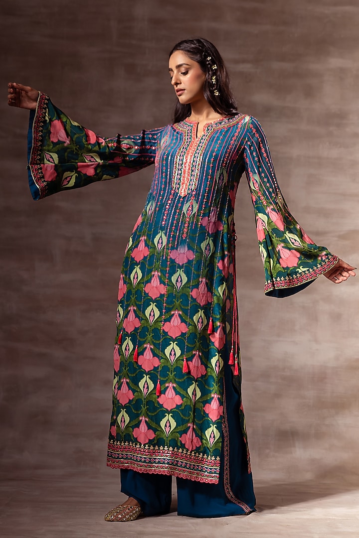 Teal Blue Embellished Kurta by RUHR INDIA