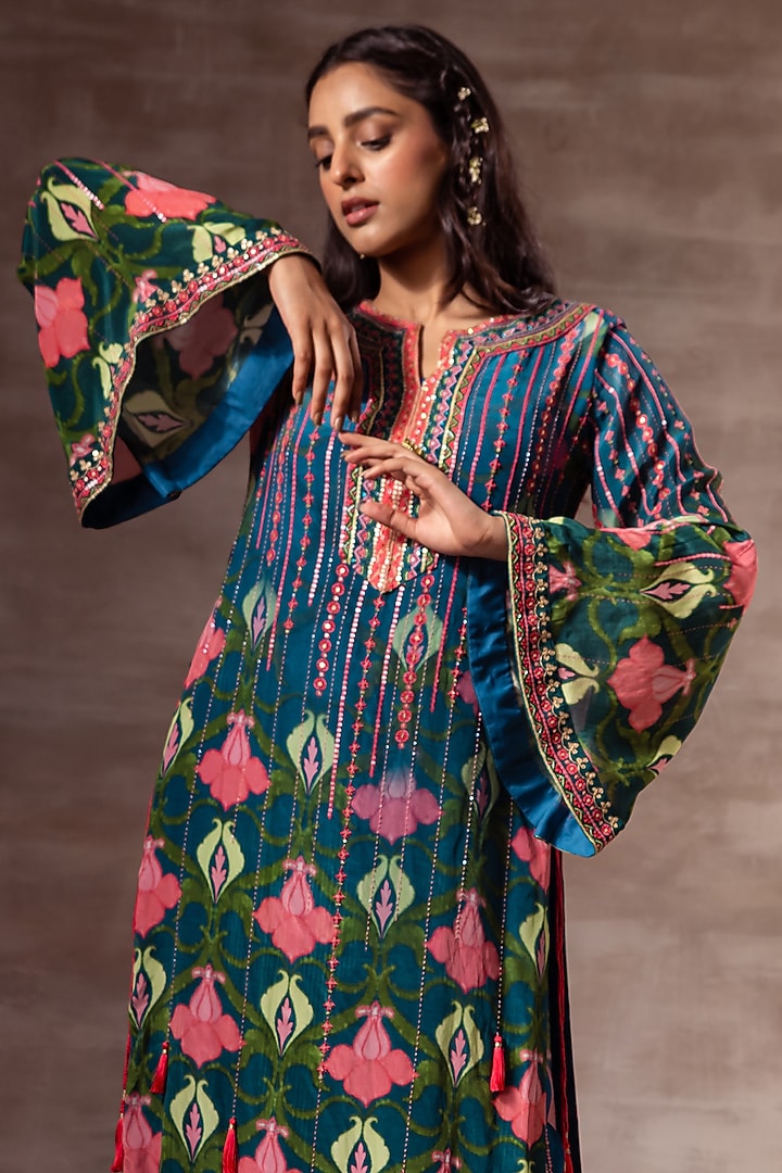 Teal Blue Embellished Kurta by RUHR INDIA at Pernia's Pop Up Shop