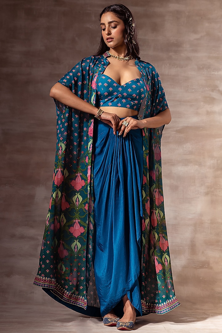 Teal Blue Embroidered Cape Set by RUHR INDIA