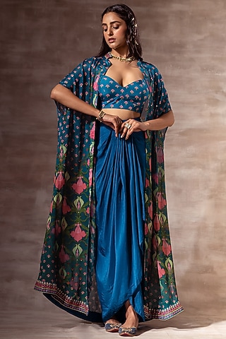 Teal Blue Embroidered Cape Set by RUHR INDIA