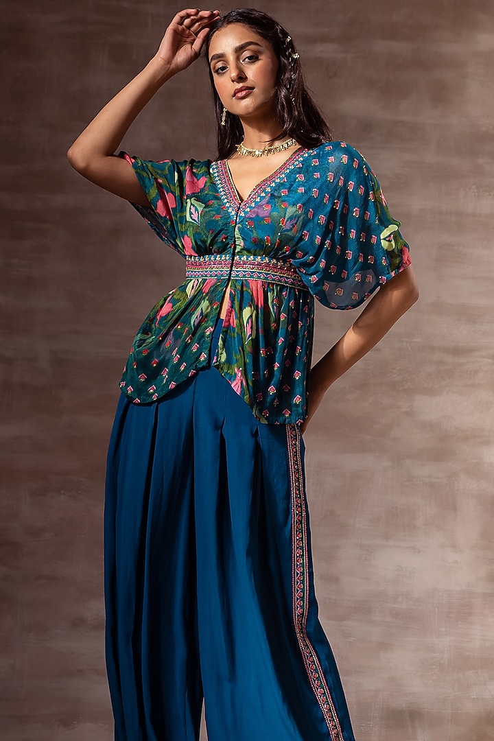 Teal Blue Embroidered Top by RUHR INDIA at Pernia's Pop Up Shop
