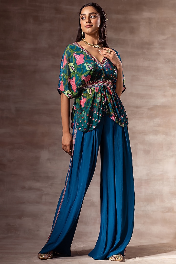 Teal Blue Embroidered Palazzo Pants by RUHR INDIA