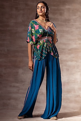 Teal Blue Embroidered Palazzo Pants by RUHR INDIA