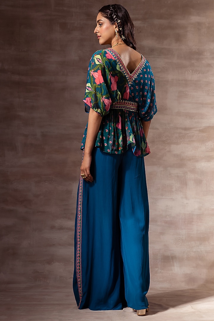 Teal Blue Embroidered Palazzo Pants by RUHR INDIA at Pernia's Pop Up Shop