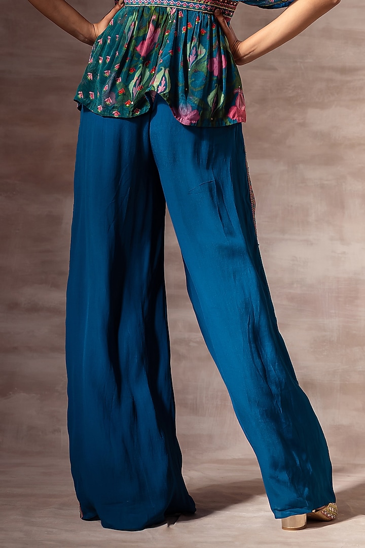 Teal Blue Embroidered Palazzo Pants by RUHR INDIA at Pernia's Pop Up Shop