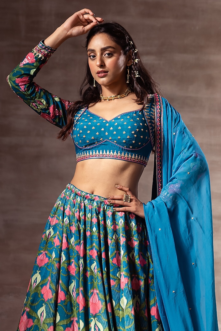 Teal Blue Embroidered Wedding Lehenga Set by RUHR INDIA at Pernia's Pop Up Shop