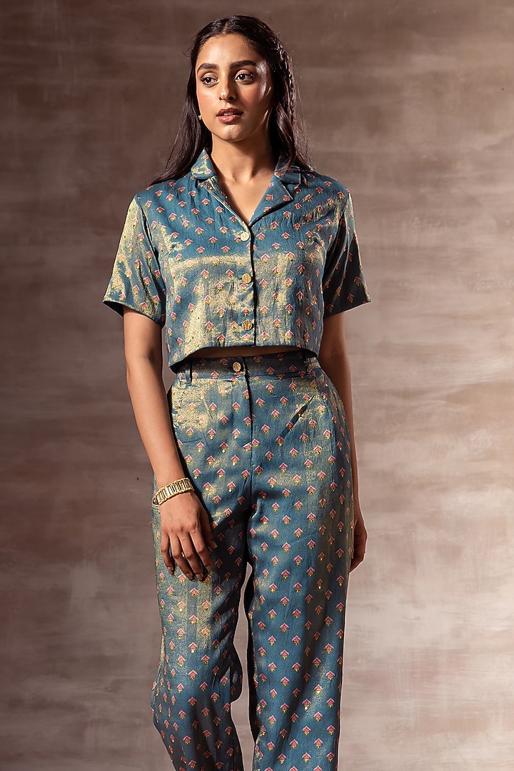 Teal Blue Embroidered Shirt by RUHR INDIA at Pernia's Pop Up Shop