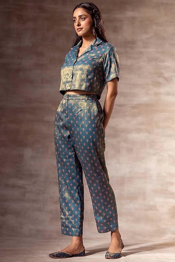 Teal Blue Embroidered Pants by RUHR INDIA