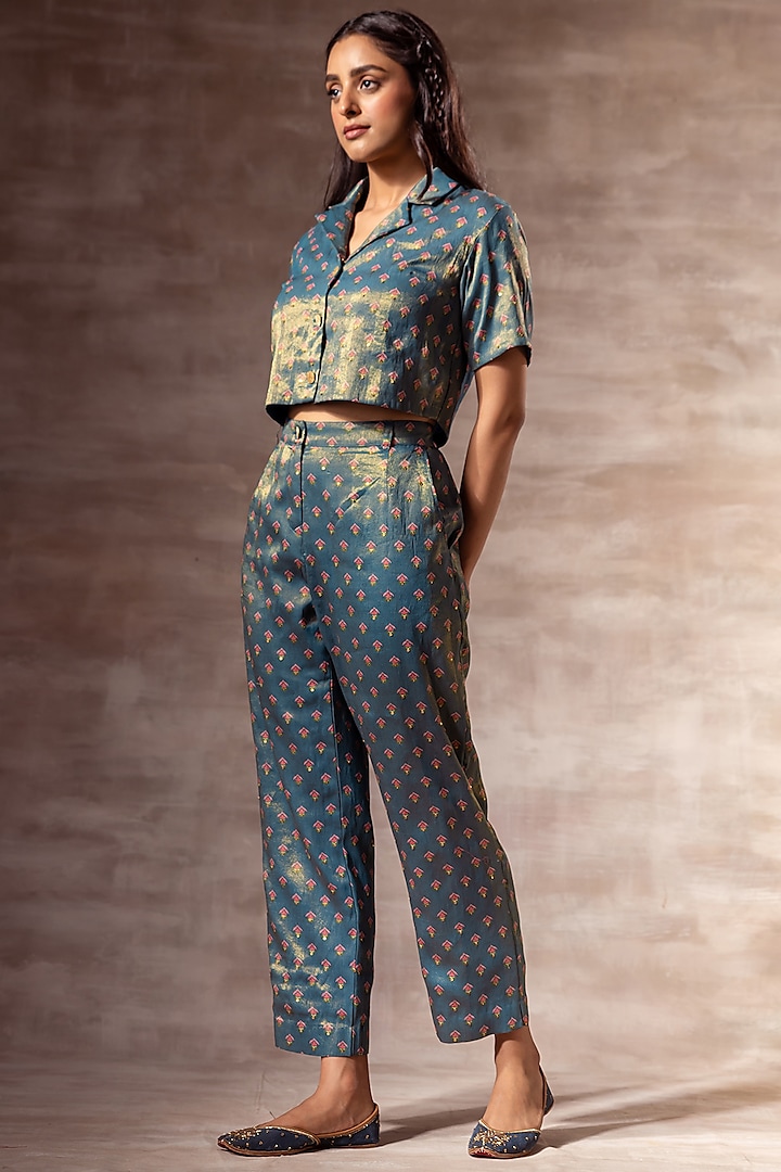 Teal Blue Embroidered Pants by RUHR INDIA at Pernia's Pop Up Shop