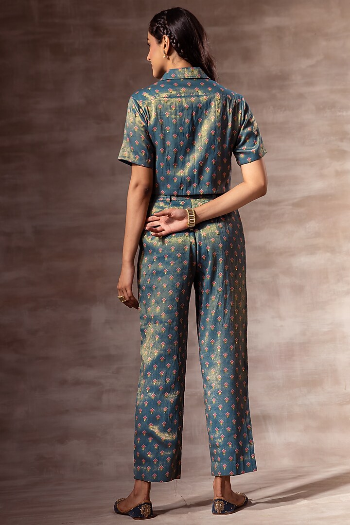 Teal Blue Embroidered Pants by RUHR INDIA at Pernia's Pop Up Shop