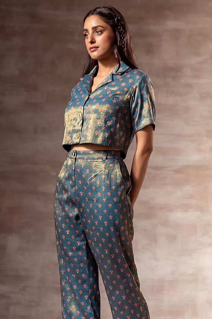 Teal Blue Embroidered Pants by RUHR INDIA at Pernia's Pop Up Shop