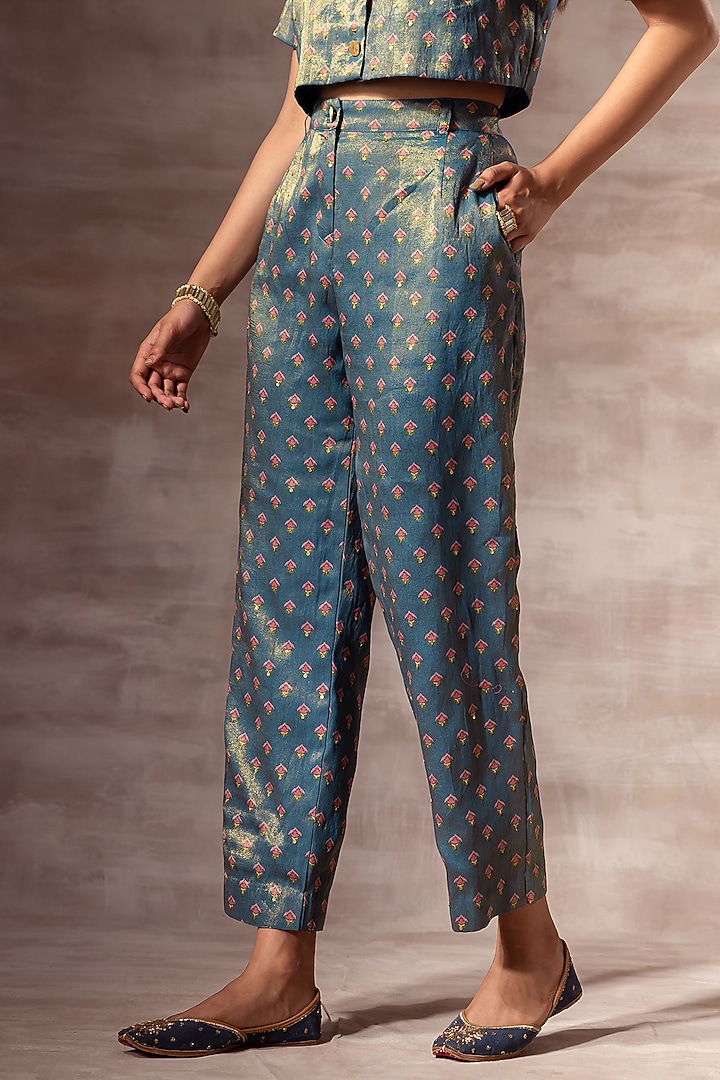 Teal Blue Embroidered Pants by RUHR INDIA at Pernia's Pop Up Shop