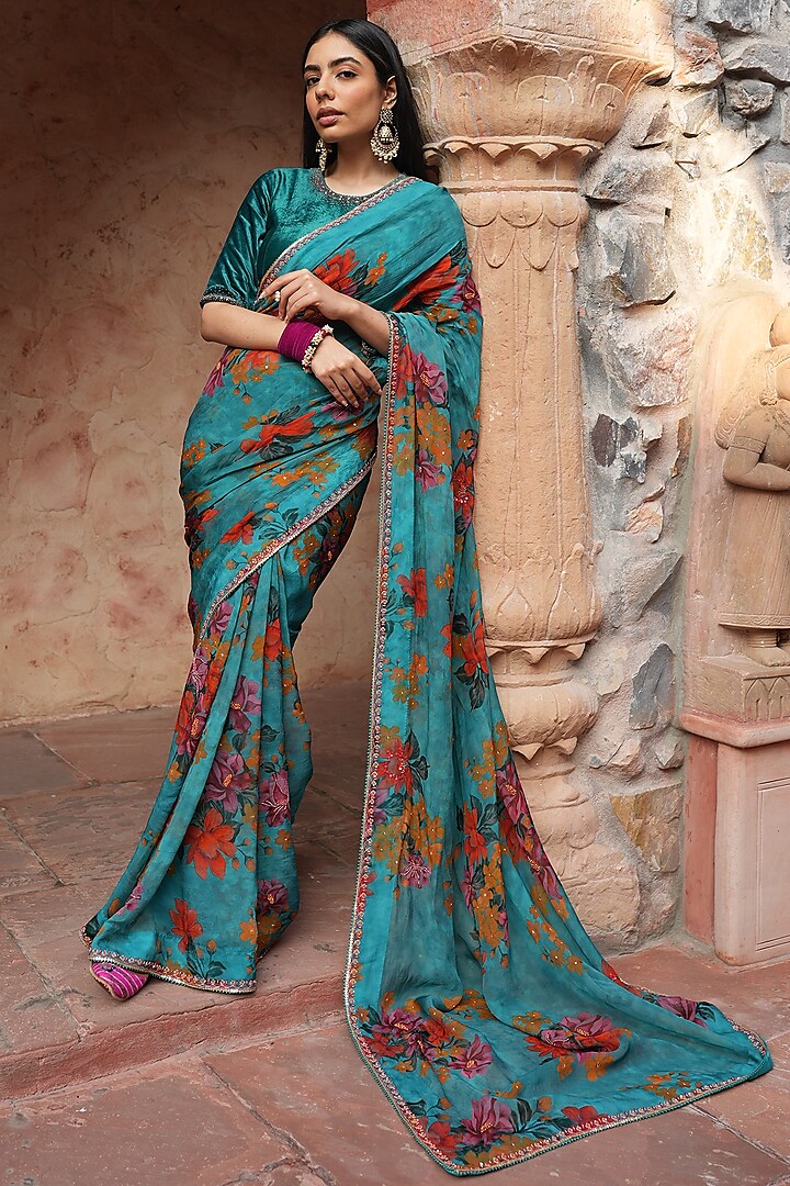 Aqua Blue Printed & Embroidered Saree Set by RUHR INDIA