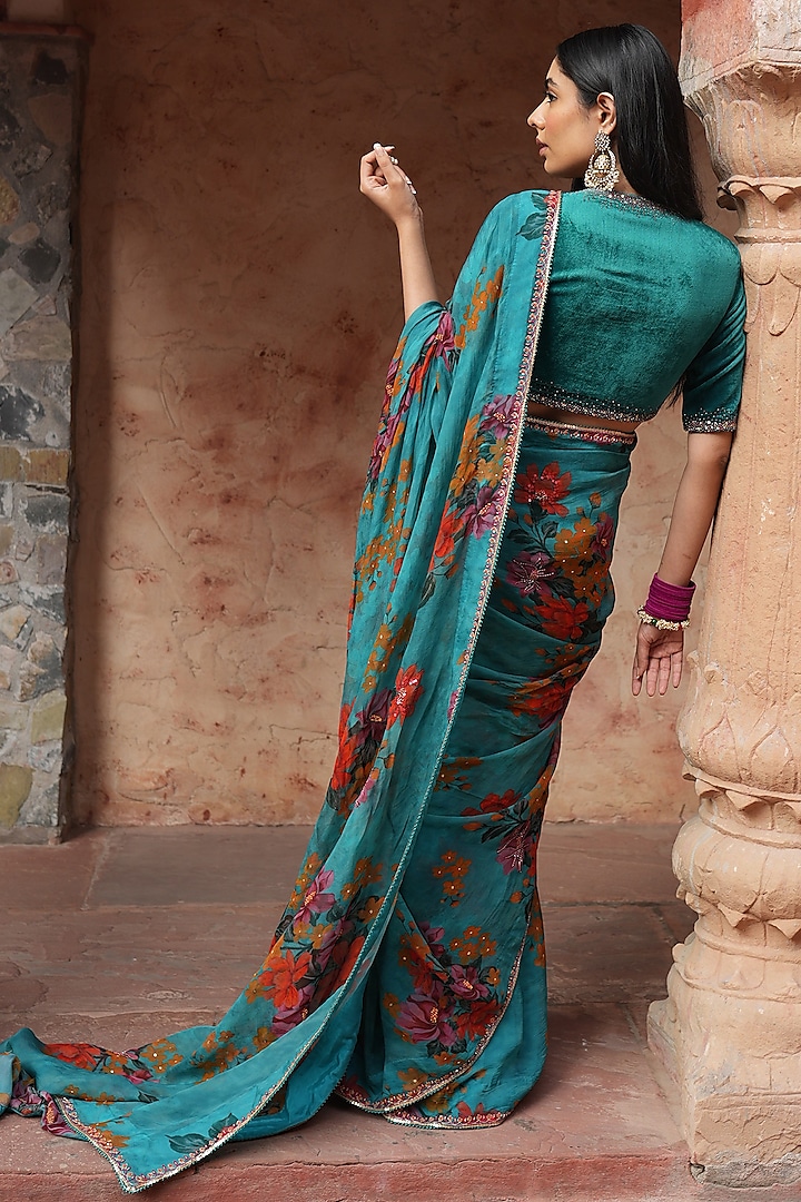 Aqua Blue Silk Organza Printed & Embroidered Wedding Saree Set by RUHR INDIA at Pernia's Pop Up Shop