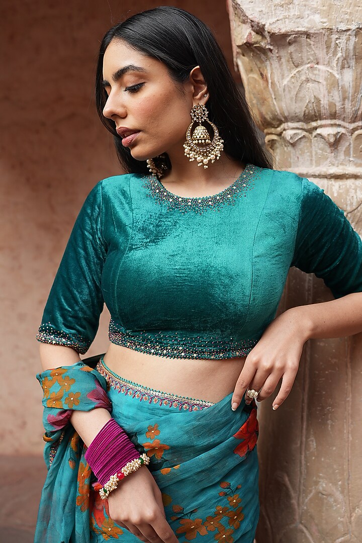 Aqua Blue Silk Organza Printed & Embroidered Wedding Saree Set by RUHR INDIA at Pernia's Pop Up Shop