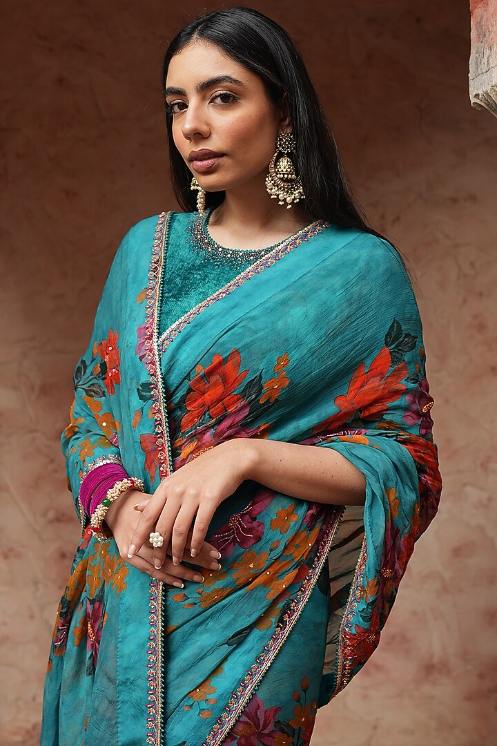 Aqua Blue Silk Organza Printed & Embroidered Wedding Saree Set by RUHR INDIA at Pernia's Pop Up Shop