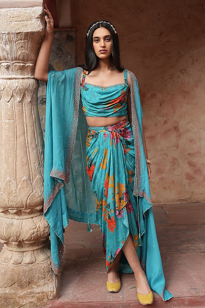 Aqua Blue Embroidered Cape Set by RUHR INDIA