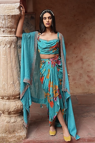 Aqua Blue Embroidered Cape Set by RUHR INDIA