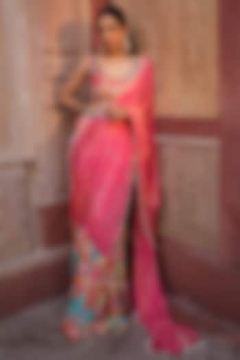 Multi-Colored Printed Ruffled Saree Set by RUHR INDIA