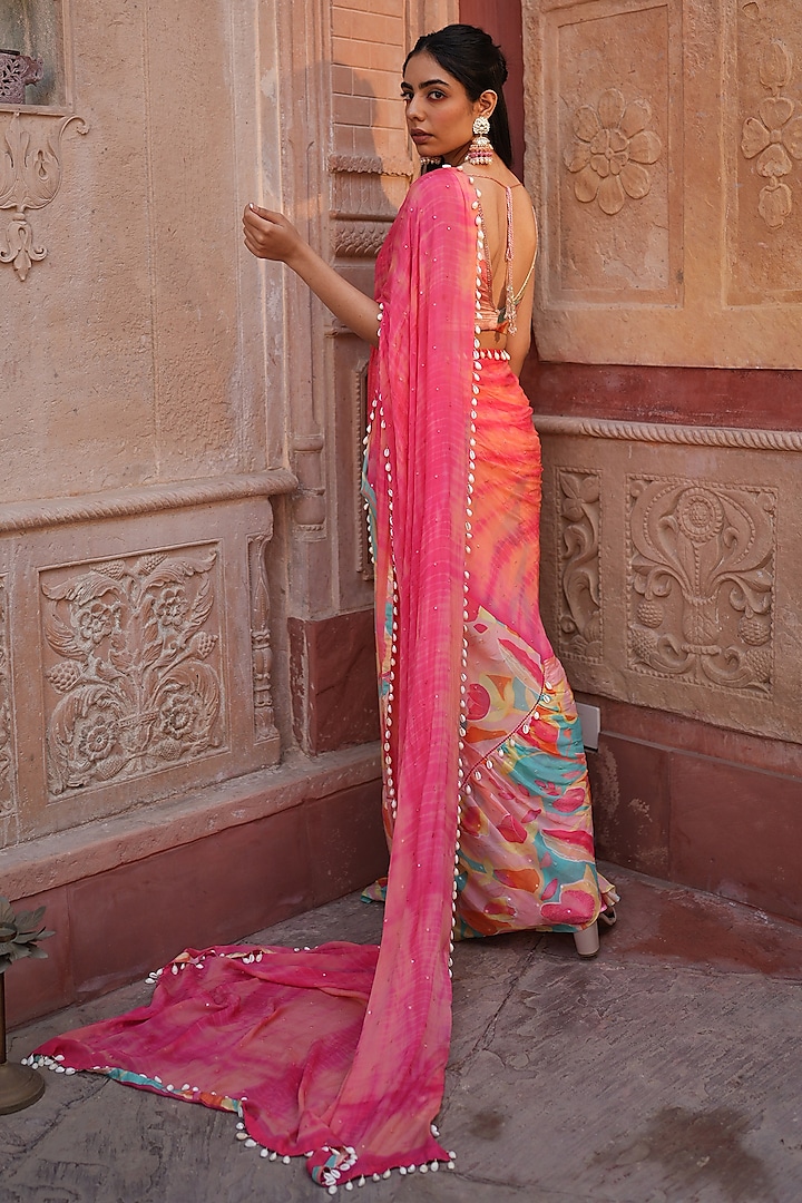Multi-Colored Chinon Chiffon Digital Printed Ruffled Wedding Saree Set by RUHR INDIA at Pernia's Pop Up Shop