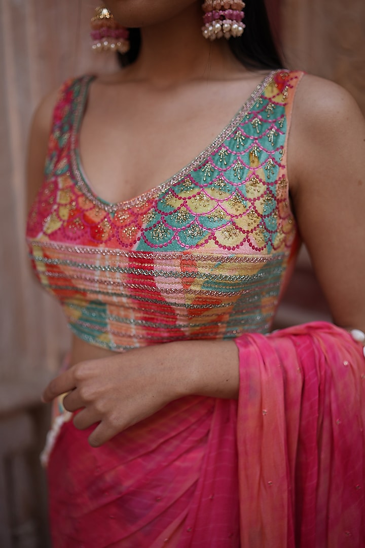 Multi-Colored Chinon Chiffon Digital Printed Ruffled Wedding Saree Set by RUHR INDIA at Pernia's Pop Up Shop