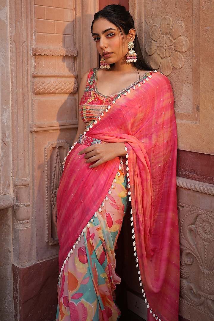 Multi-Colored Chinon Chiffon Digital Printed Ruffled Wedding Saree Set by RUHR INDIA at Pernia's Pop Up Shop