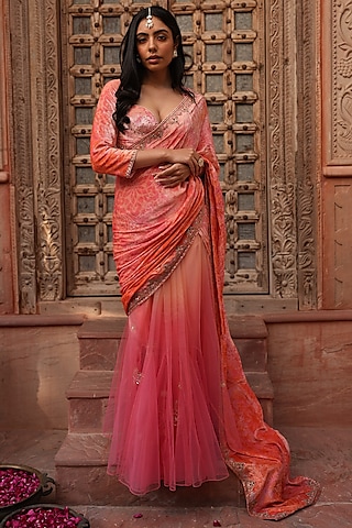 Millenial Pink Ombre Embroidered Saree Set by RUHR INDIA