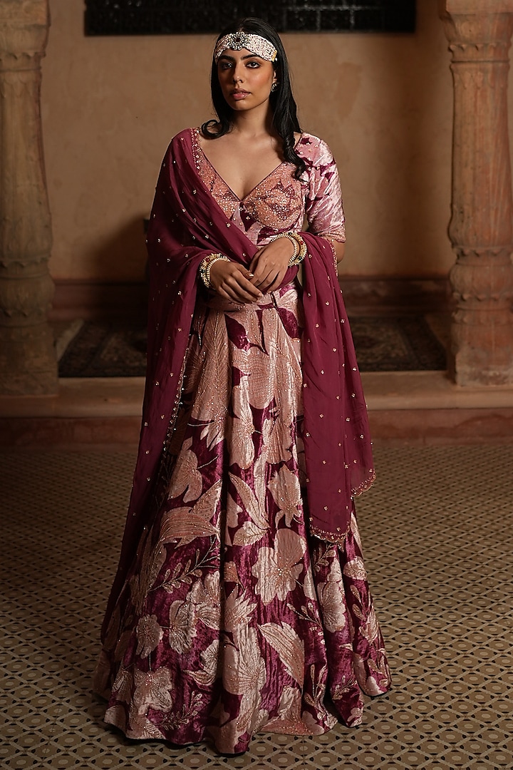 Burgundy Embroidered & Printed Wedding Lehenga Set by RUHR INDIA at Pernia's Pop Up Shop