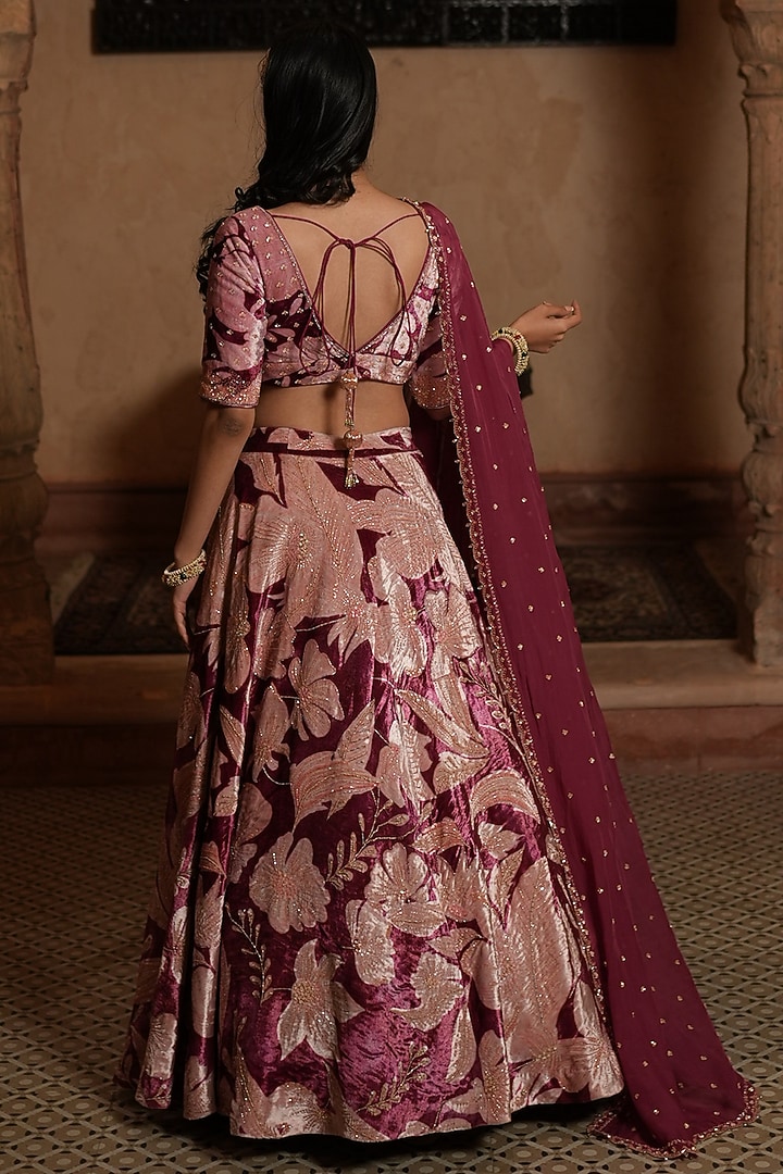 Burgundy Embroidered & Printed Wedding Lehenga Set by RUHR INDIA at Pernia's Pop Up Shop