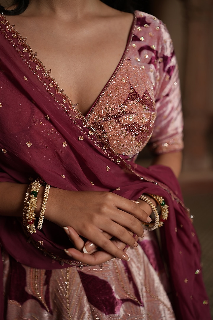 Burgundy Embroidered & Printed Wedding Lehenga Set by RUHR INDIA at Pernia's Pop Up Shop