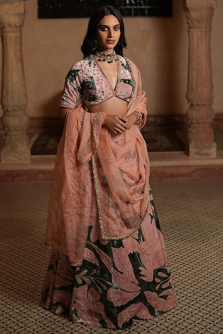 Peach & Green Embroidered & Printed Lehenga Set by RUHR INDIA