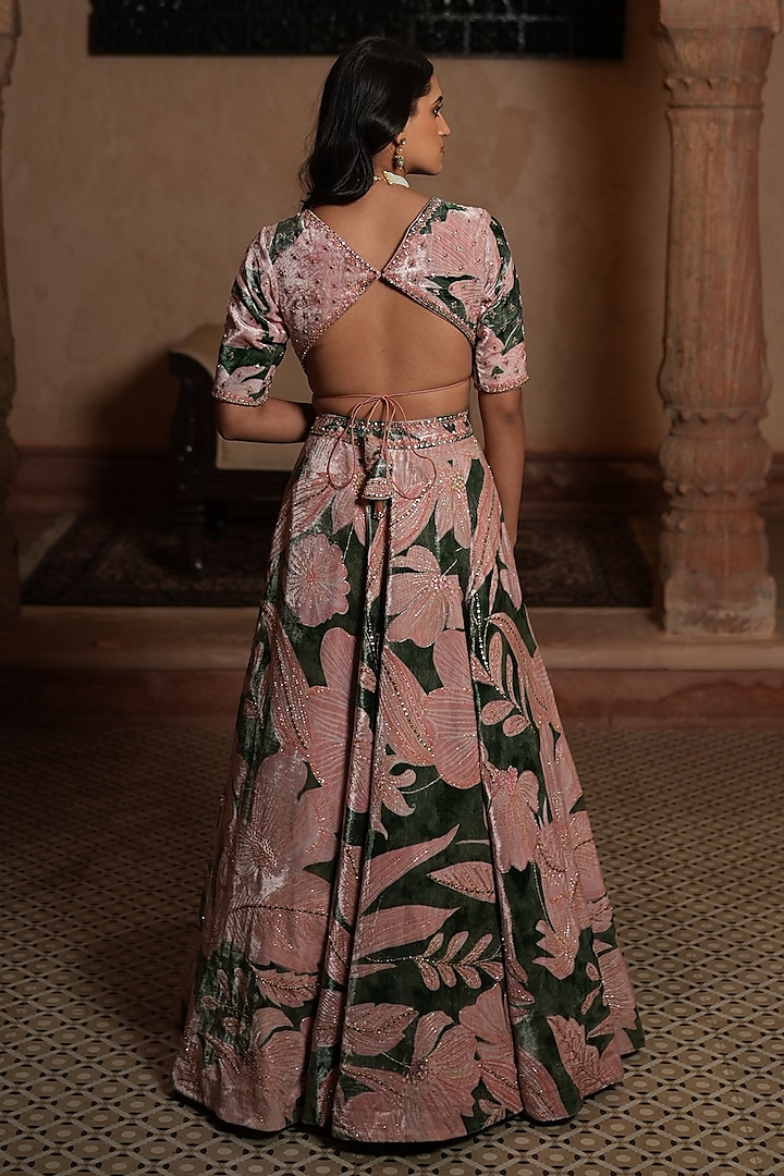 Peach & Green Embroidered & Printed Wedding Lehenga Set by RUHR INDIA at Pernia's Pop Up Shop