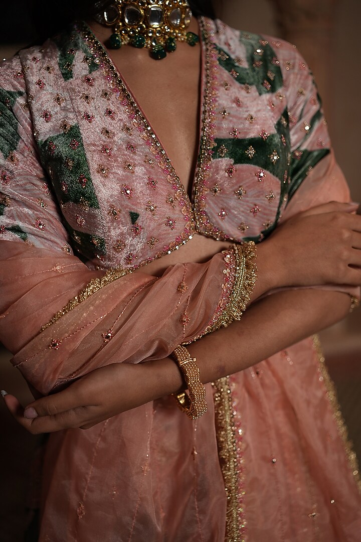 Peach & Green Embroidered & Printed Wedding Lehenga Set by RUHR INDIA at Pernia's Pop Up Shop