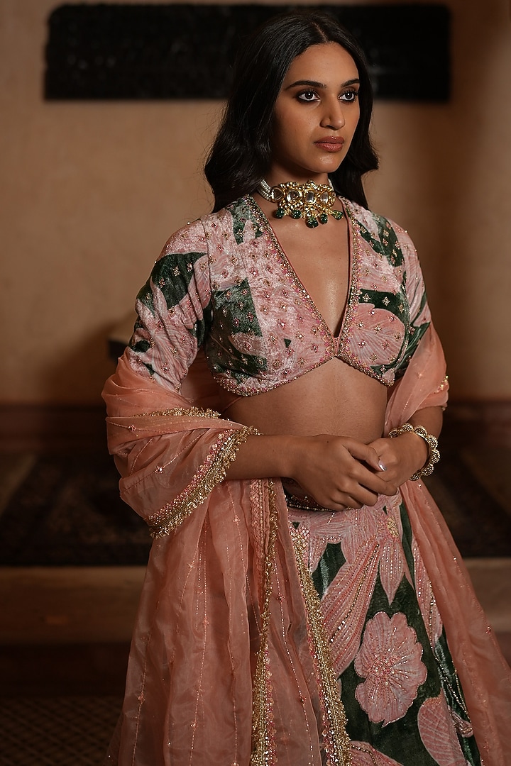 Peach & Green Embroidered & Printed Wedding Lehenga Set by RUHR INDIA at Pernia's Pop Up Shop