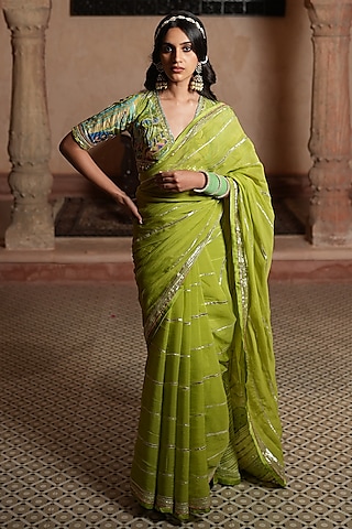 Parrot Green Embroidered Saree Set by RUHR INDIA
