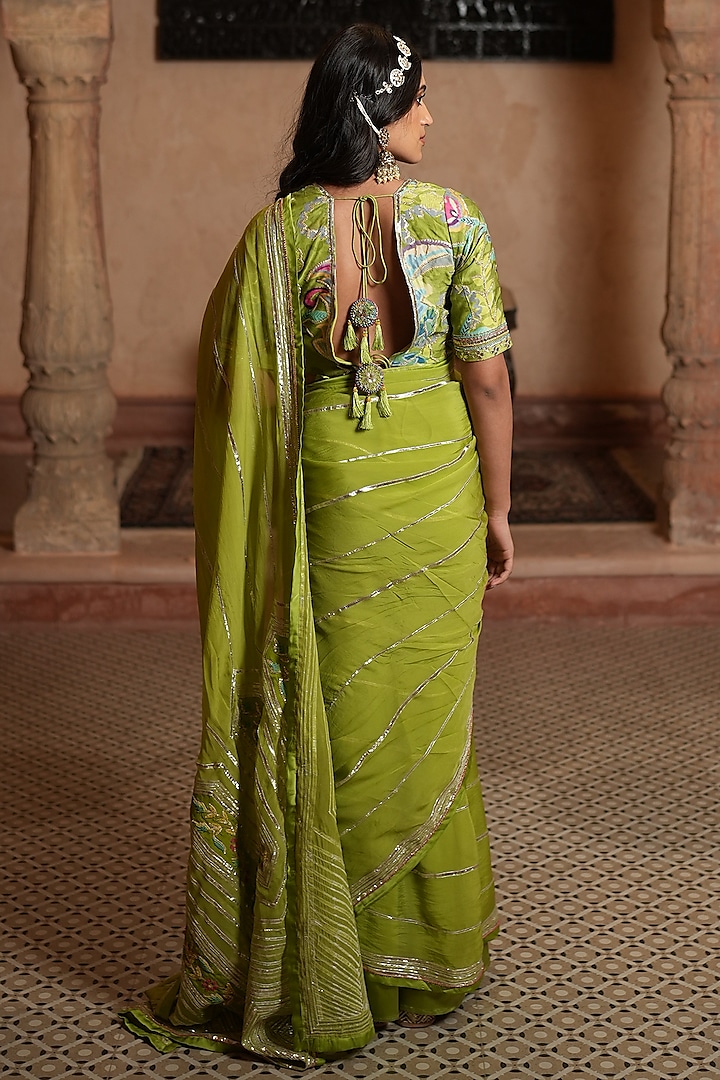 Parrot Green Embroidered Wedding Saree Set by RUHR INDIA at Pernia's Pop Up Shop