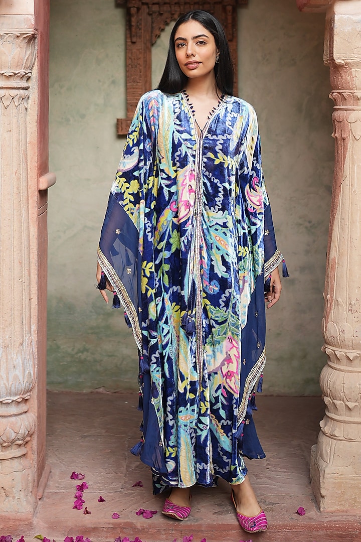 Navy Blue Embroidered Kaftan by RUHR INDIA