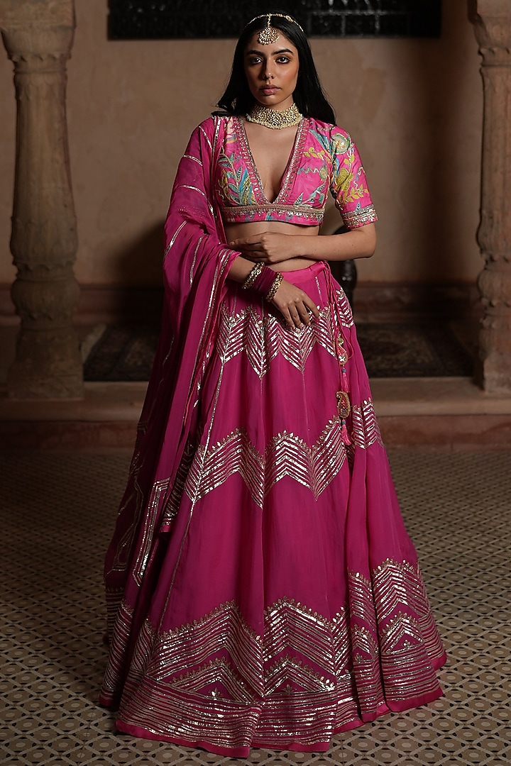 Fuchsia Pink Embroidered Lehenga Set by RUHR INDIA