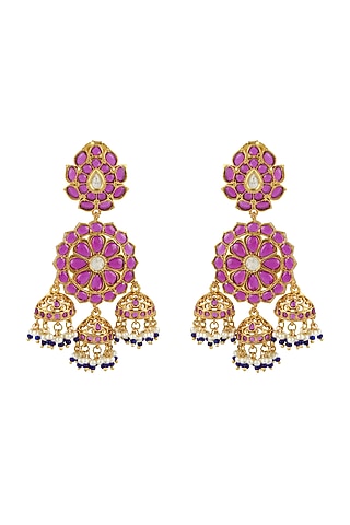 Gold Finish Pink Stone Earrings In Sterling Silver by Rohira Jaipur