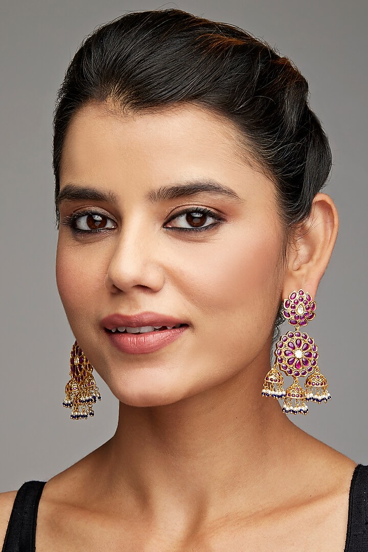 Gold Finish Pink Stone Earrings In Sterling Silver by Rohira Jaipur at Pernia's Pop Up Shop