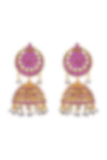 Gold Finish Pink Stone Jhumka Earrings In Sterling Silver by Rohira Jaipur