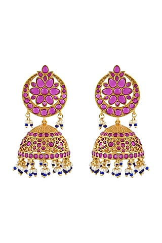 Gold Finish Pink Stone Jhumka Earrings In Sterling Silver by Rohira Jaipur