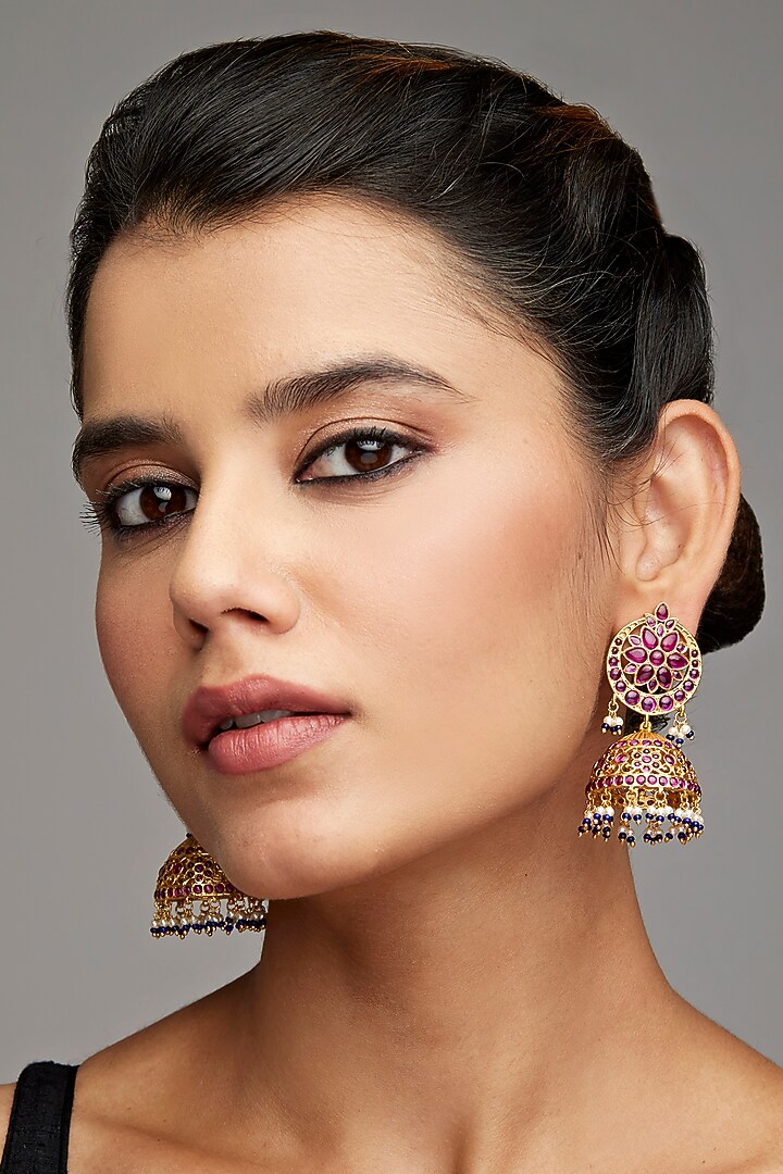 Gold Finish Pink Stone Jhumka Earrings In Sterling Silver by Rohira Jaipur at Pernia's Pop Up Shop