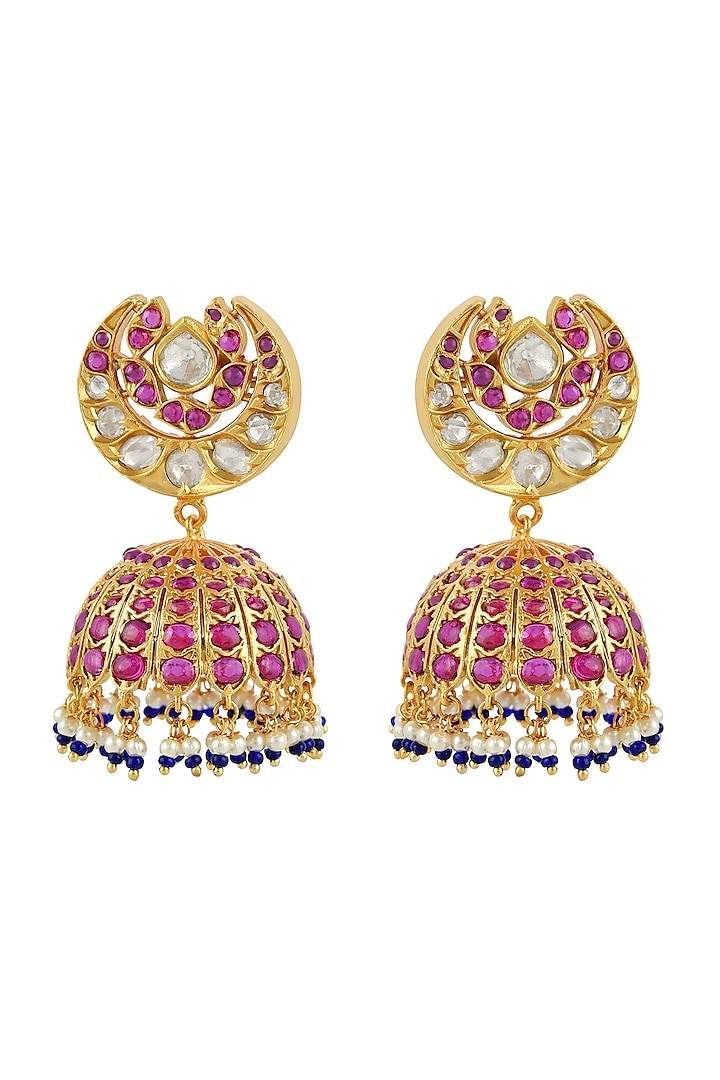 Gold Finish Jhumka Earrings In Sterling Silver by Rohira Jaipur