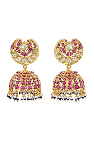 Gold Finish Jhumka Earrings In Sterling Silver by Rohira Jaipur